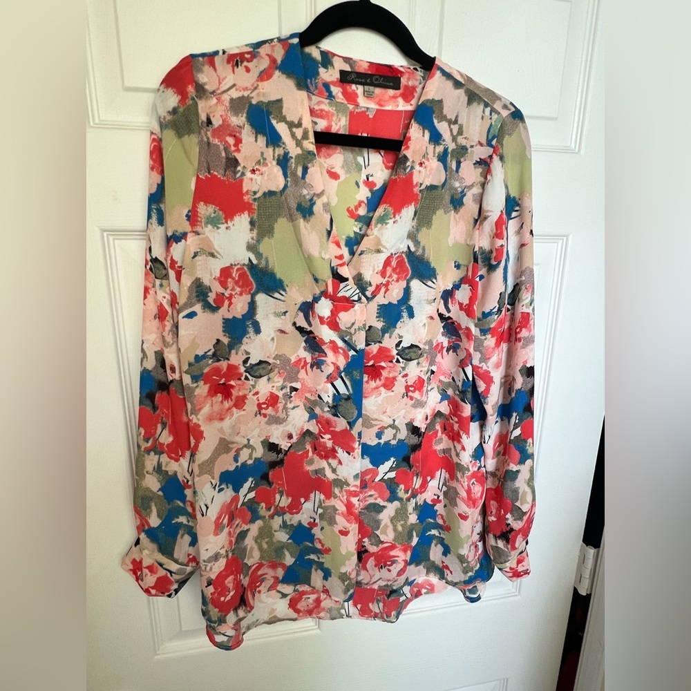 Rose & Olive Floral V-Neck Button Front Blouse in Red, Blue, Green, Pink - Picture 7 of 8
